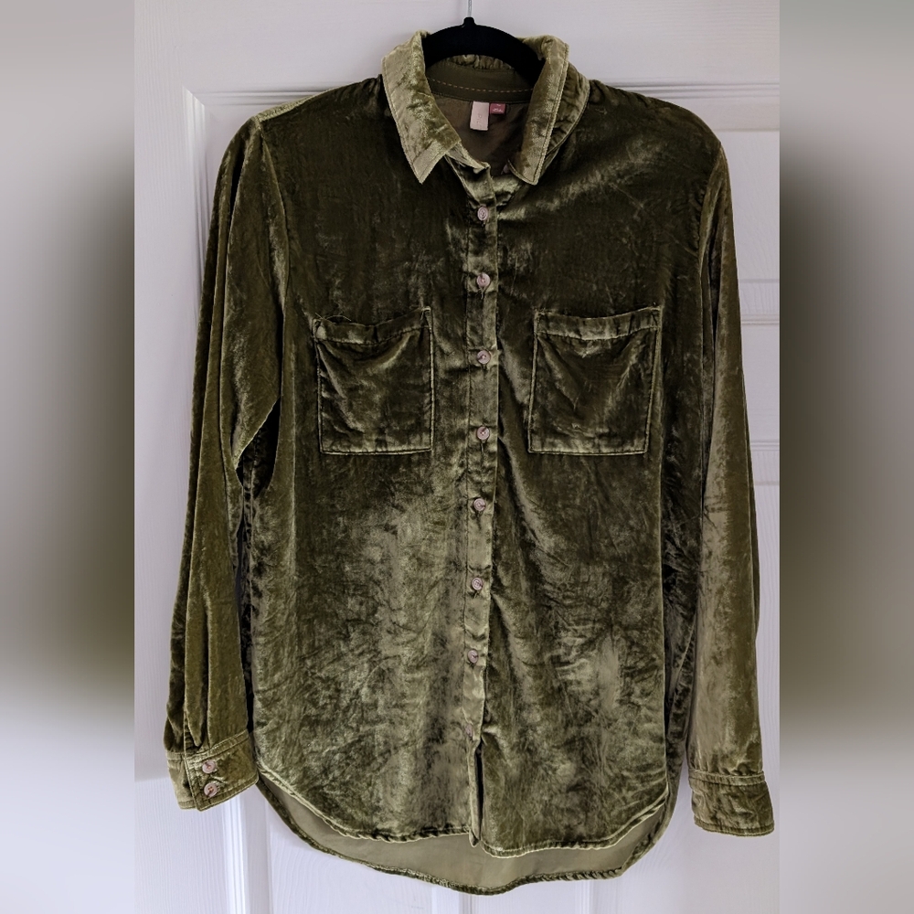 Pilcro Anthropologie Olive Velvet Button Down Shirt XS